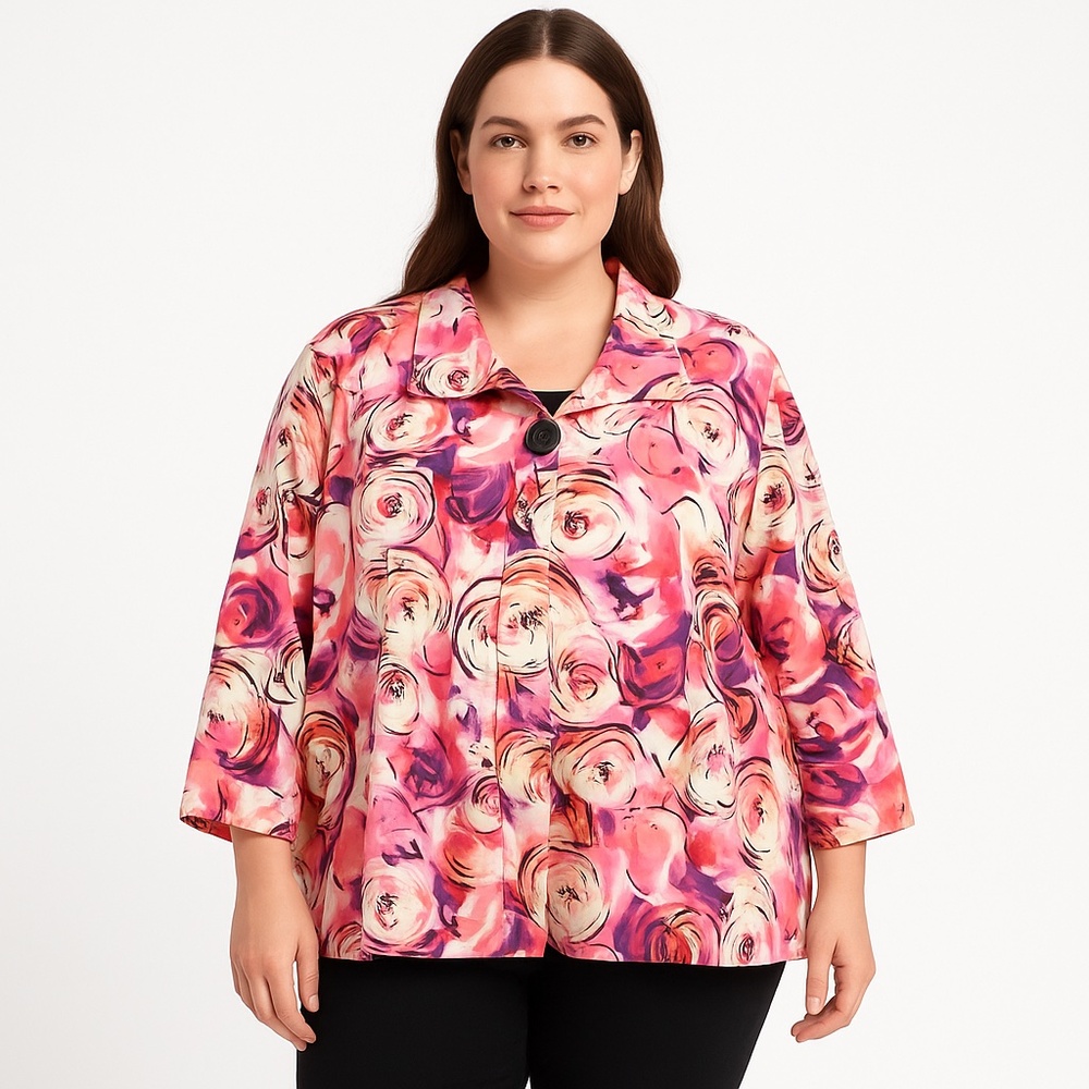 ESHE Floral Abstract Button Front Jacket Pink Purple White 3X